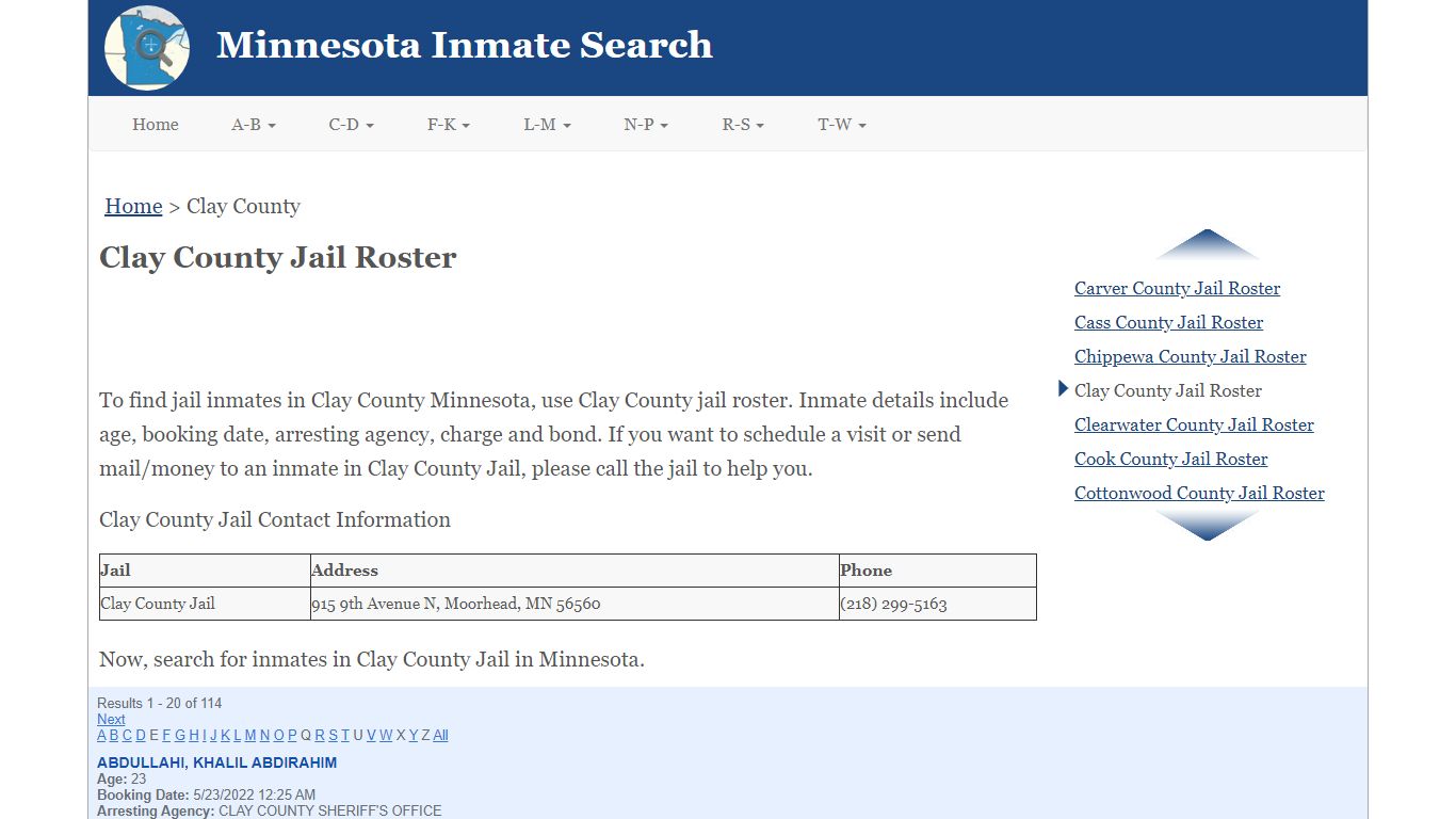 Clay County Jail Roster - Minnesota Inmate Search